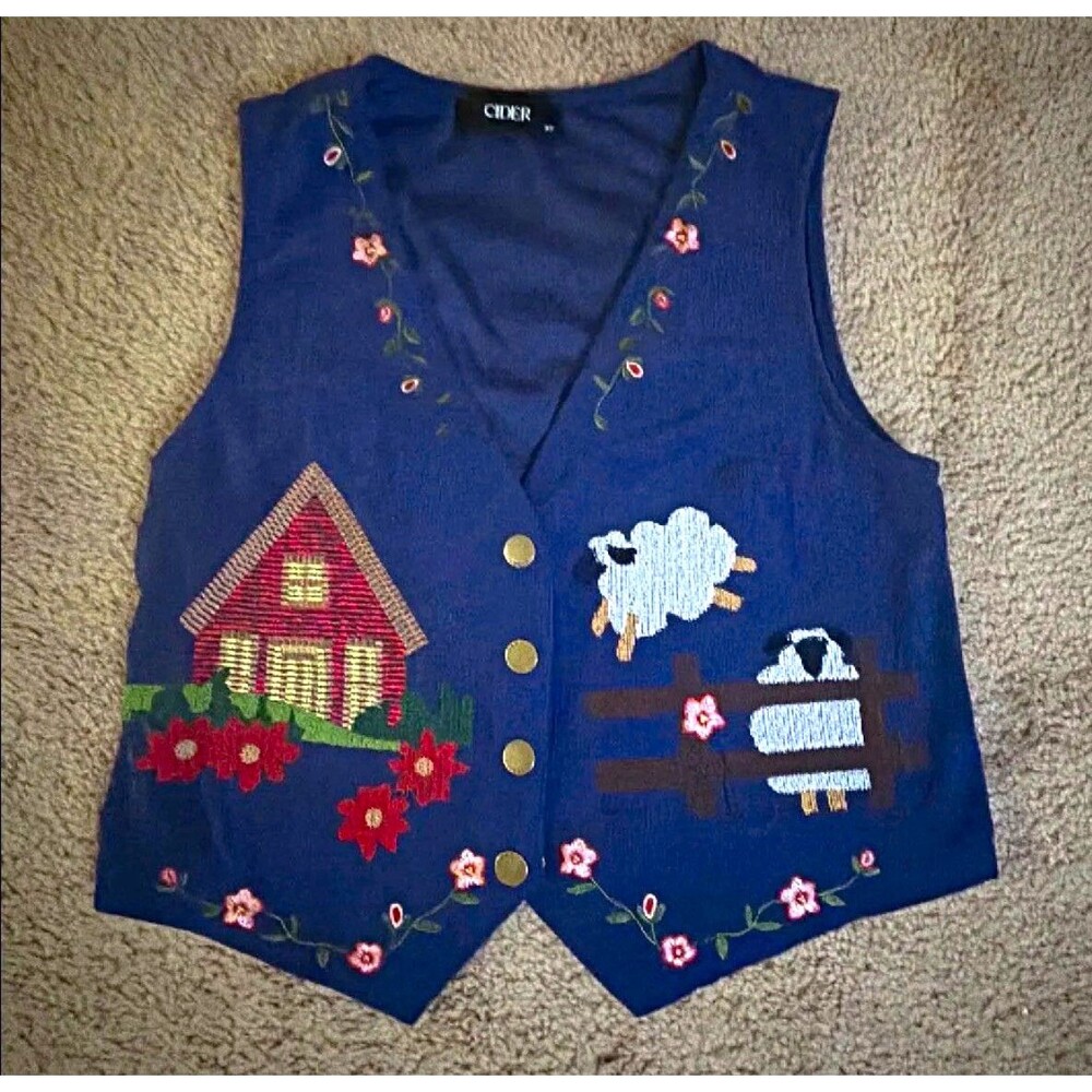 Cider Blue Embroidered Button-Front Sweater Vest, Sleeveless Women’s XS